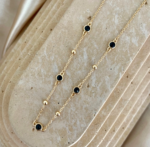 Naszyjnik z kuleczkami i czarnymi cyrkoniami srebro pozłacane 